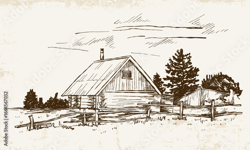 Hand-drawn landscape in vintage style with a wooden house, an old fence and trees on a light background with texture.