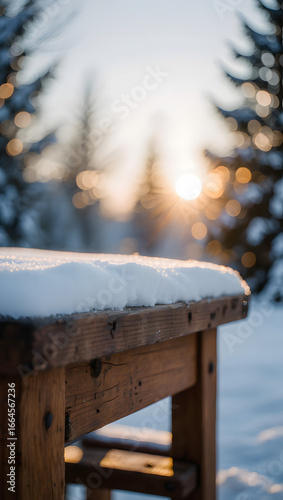 Wallpaper Mural Snowy wooden table at sunrise with blurred pine trees Torontodigital.ca