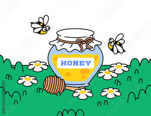 Honey jar with label, surrounded by daisies, buzzing bees, and a honey dipper. Bright and playful design suitable for food packaging, organic product branding icon or badges in cartoon illustration