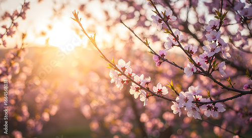 Sunset Blossom Tree Branches, Spring Flowers, Soft Light