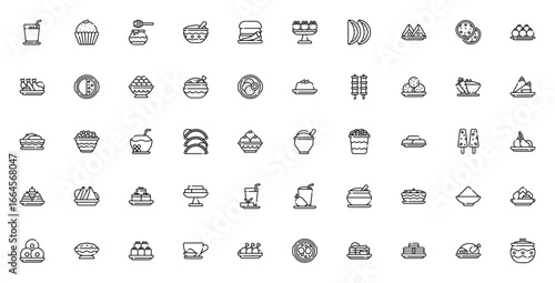 Hindu Food icon set. Indian cuisine vector illustrations. Includes Lassi, Laddu, Biryani, Samosa, Naan, Curry, Gulab Jamun, and more. Editable stroke.