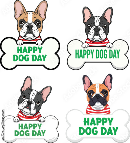 Happy Dog Day Cartoon French Bulldog with Bone Illustration