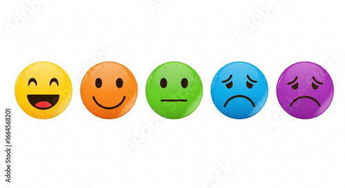 Set of five smiley face emotion icons, ranging from happy to sad, on a white background