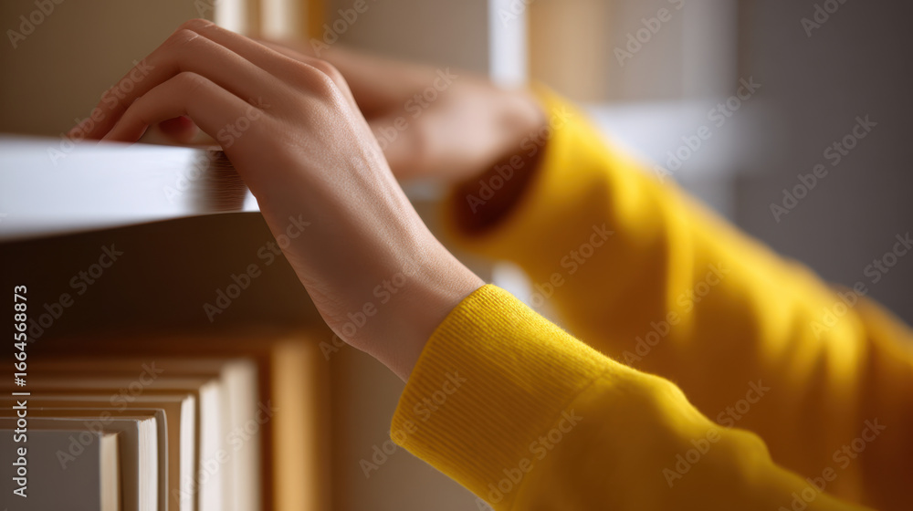 Obraz premium Female hands arranging books on shelf in cozy room with warm light, showing careful organization and calm atmosphere