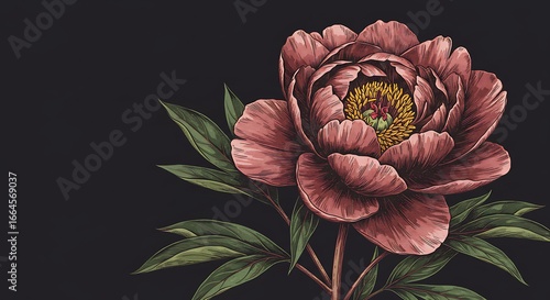 Crimson Peony: Botanical Ink Illustration