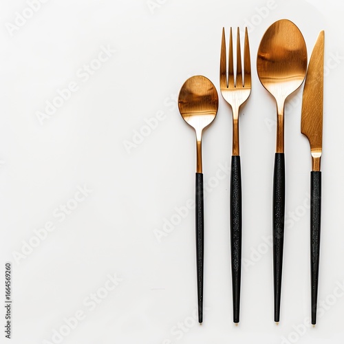 Copper and black cutlery set, top view