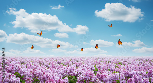 Butterflies Soaring Over Purple Flower Field, Sunny Sky