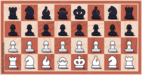 Chess pieces set for mobile application. Vector illustration of chess icons top view for chessboard display. Flat design symbols of king, queen, rook, bishop, knight, and pawn for digital interface.