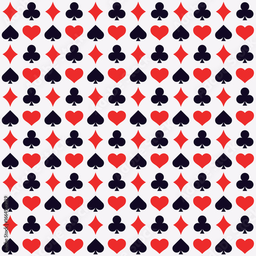 Seamless vector pattern with playing card suit icons. Spade, heart, club, and diamond symbols. Perfect for background, textile, wallpaper, poker, casino, and decorative designs.