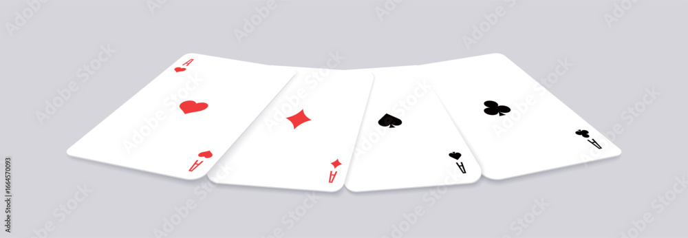 Obraz premium Vector illustration of four aces fanned out. Spade, heart, club, and diamond aces arranged in a fan layout. Perfect for poker, casino, gambling, and entertainment graphic projects.