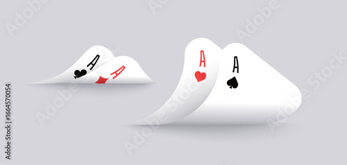 Vector illustration of playing cards with bent corners showing rank and suit. Protection your hand. Edges folded down to peek cards. Two aces. For casino, gambling, and entertainment designs.