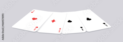 Vector illustration of four aces fanned out. Spade, heart, club, and diamond aces arranged in a fan layout. Perfect for poker, casino, gambling, and entertainment graphic projects.