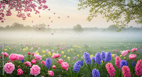 Misty Spring Meadow, Blossoming Flowers, Sunrise