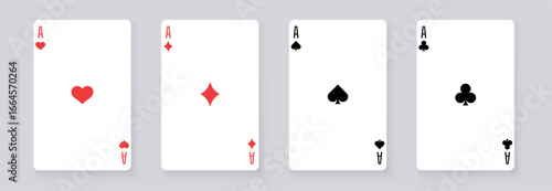 Vector illustration of four aces playing cards set. Spade, heart, club, and diamond aces isolated on white background. Perfect for casino, poker, gambling, and entertainment designs.