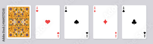 Vector illustration of four aces and a card back. Spade, heart, club, and diamond aces. Perfect for poker, casino, gambling, and entertainment projects.