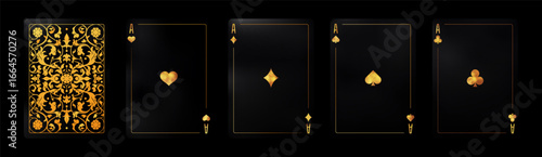 Vector illustration of four aces playing cards with elegant black and gold design. Card back. Luxury casino style perfect for poker, gambling, entertainment, and premium graphic projects.