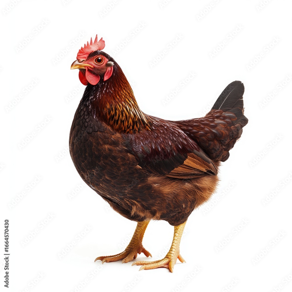 Fototapeta premium Brown hen, standing, profile view, against white background