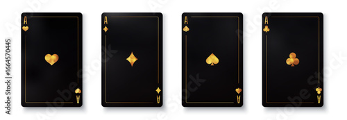Vector illustration of four aces playing cards in black design with golden elements. Elegant luxury style perfect for casino, poker, gambling, entertainment, and premium graphic projects.
