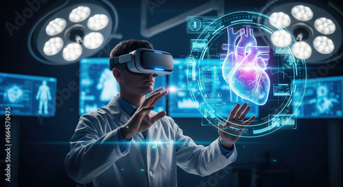 Man with vr headset examining heart hologram in operating room, doctor wearing virtual reality glasses for medical analysis and futuristic technology