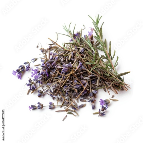 Dried lavender and rosemary sprigs, scattered on white background
