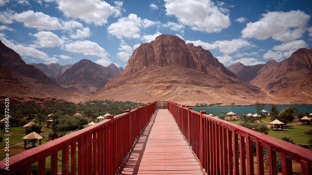 Fototapeta premium Wooden walkway with red railing overlooking a desert valley and lake.