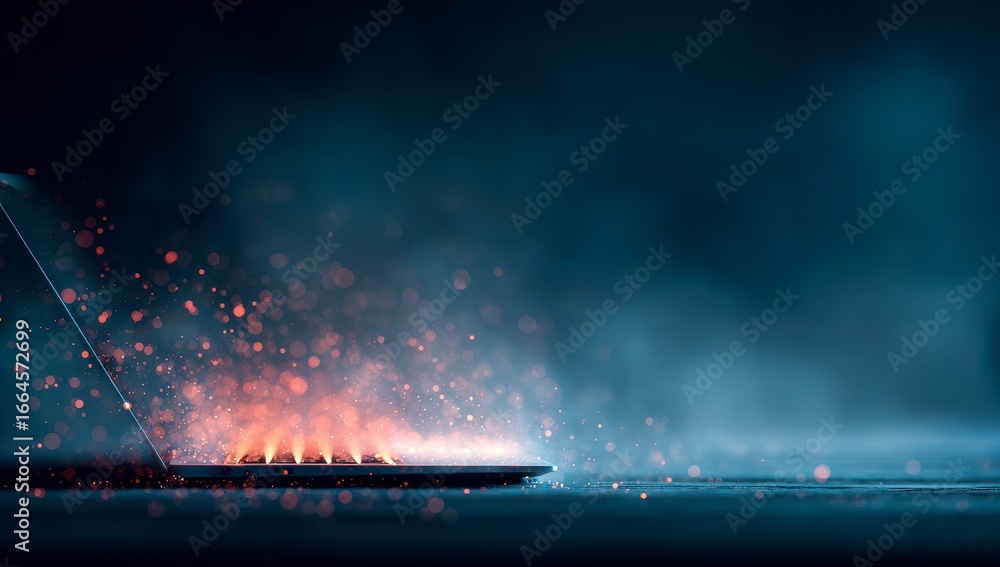 Fototapeta premium Laptop, fire, sparks, dark, moody