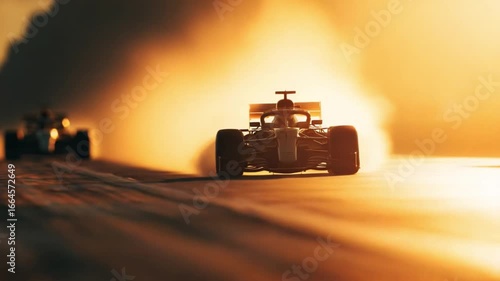 Speed and Power on Track: A dynamic Formula 1 race car speeds along a circuit, bathed in the golden light, capturing the essence of speed, precision, and high-octane action.