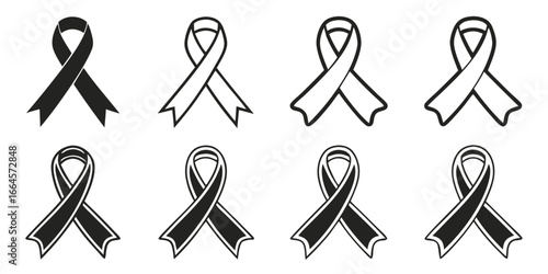 Collection of Black Ribbon Icons for Awareness and Support.