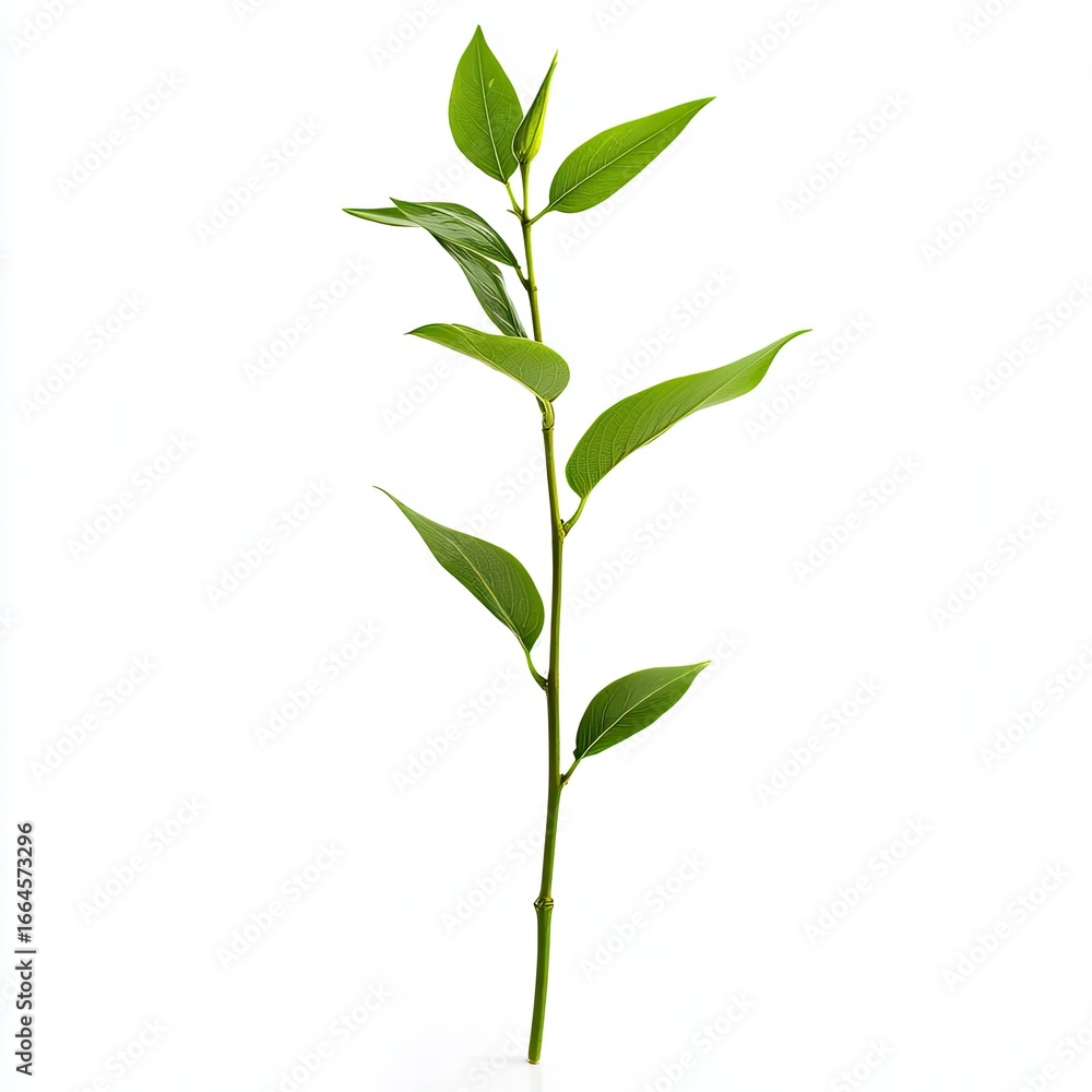 Fototapeta premium A single plant stem with vibrant green leaves against a white background