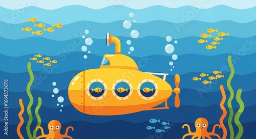 A bright yellow submarine navigates through the ocean depths, surrounded by schools of fish, bubbles, and two friendly octopuses.
