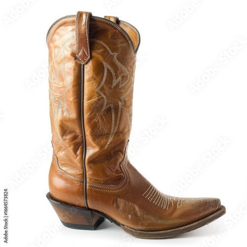 Single light brown cowboy boot, detailed stitching