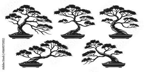Collection of Five Stylized Bonsai Tree Silhouettes.