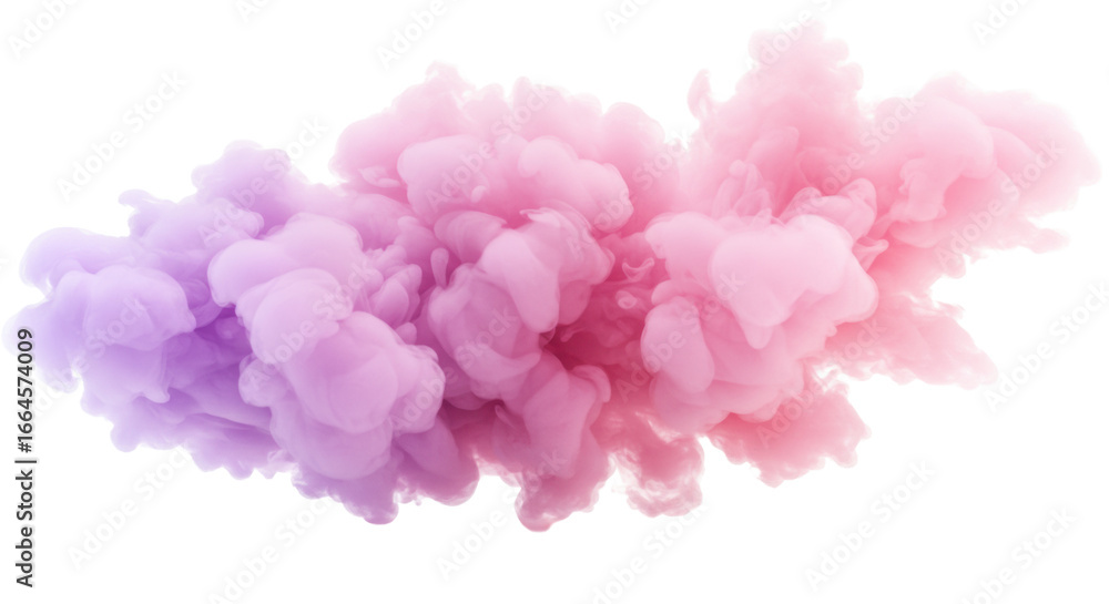Fototapeta premium A dynamic, ethereal pastel rose pink and lavender cloud swirls against a transparent studio background with copy space, symbolizing innovation and future growth