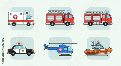 A collection of six emergency service vehicles including an ambulance, two fire trucks, a police car, a helicopter, and a rescue boat.