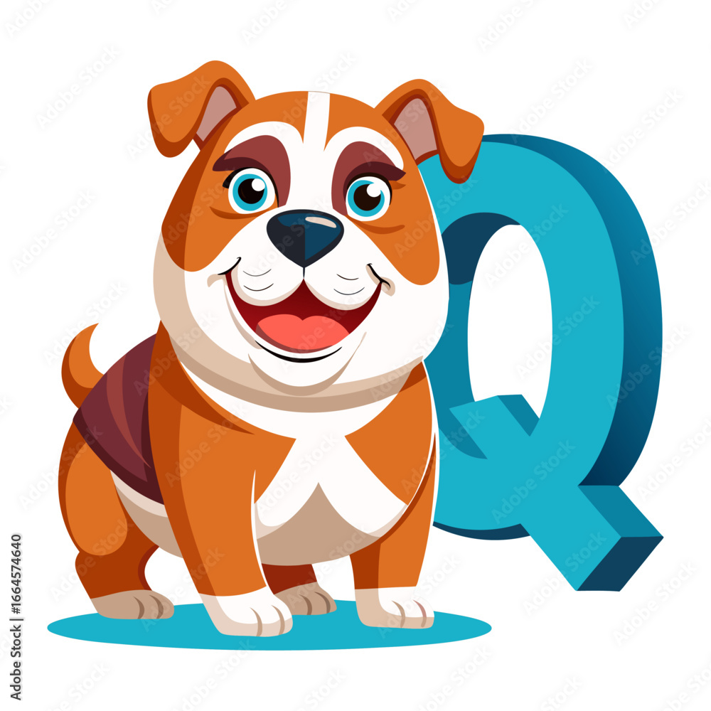 Fototapeta premium Playful Bulldog Character with Big Alphabet Q Vector Illustration for Kids Learning, Nursery Wall Art, Children’s Educational Book Design