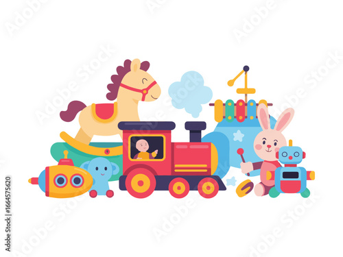 Colorful Children Toys Vector Set, Cute Baby Playthings Cartoon Illustration, Kids Fun Toy Collection