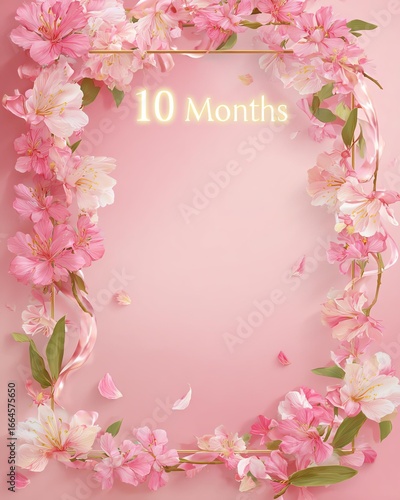 Baby milestone photography - Elegant Floral Frame with Pink Blossoms and '10 Months' Text perfect for baby posters, invitations, or nursery decor