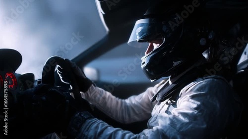 Wallpaper Mural Speedster in the cockpit: A focused driver, masked by a racing helmet, grips the steering wheel, enveloped in the thrilling intensity of racing with a high-speed, low-angle, cinematic shot. Torontodigital.ca