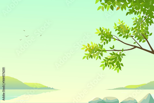 A serene landscape with a tree by the calm water and distant hills