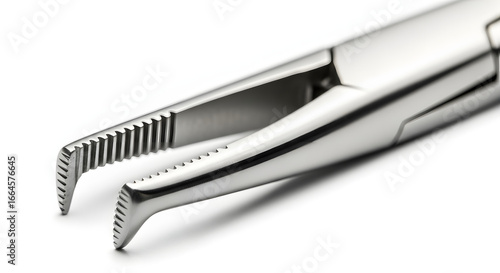 Detailed Macro Shot of Stainless Steel Surgical Forceps on White Background