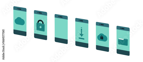 Mobile phone with safety cloud technology icons. Download files to locked folder vector illustrations