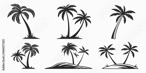 Collection of Stylized Black Palm Trees Silhouettes.
