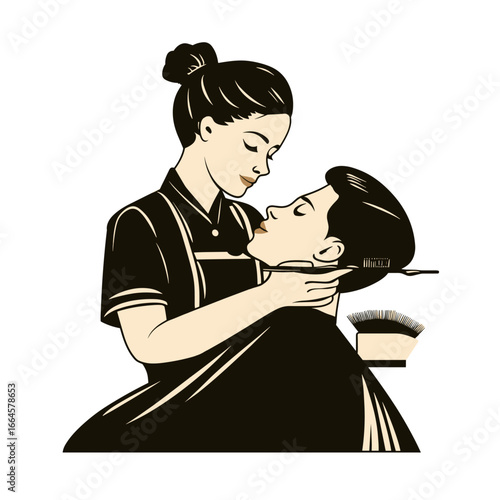 Retro Haircut Scene with Barber and Client