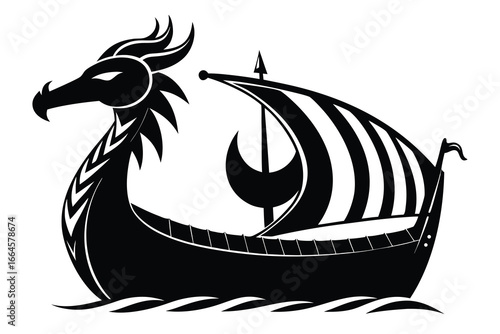 Black Dragon Head Viking Ship Silhouette on White Background