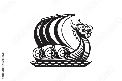Black Viking Drakkar Ship Icon, Scandinavian Boat on White Background