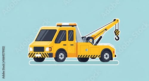 Bright yellow tow truck illustration with a prominent crane and hook on a light blue background, ready for roadside assistance.