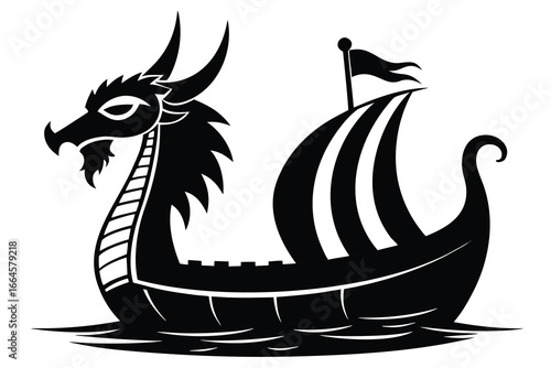 Black Viking Ship Icon With Dragon Head in on White Background