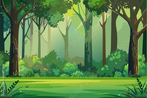 A serene cartoon forest with tall trees and lush green undergrowth everywhere outside