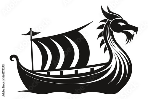 Black Silhouette of Viking Drakkar Ship with Dragon Head on White Background