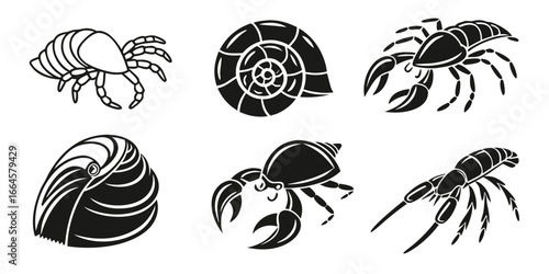 Collection of Stylized Marine Crustaceans and Shells